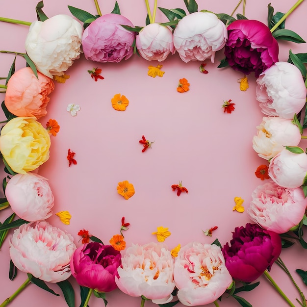 Frame made of beautiful peony flowers on pink background Flat lay copy space summer flowers