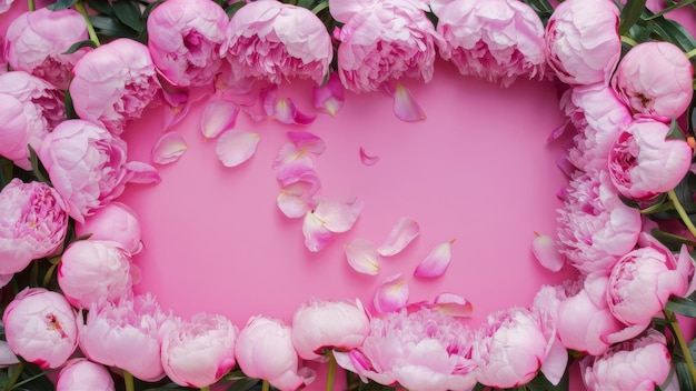 Frame made of beautiful peony flowers on pink background