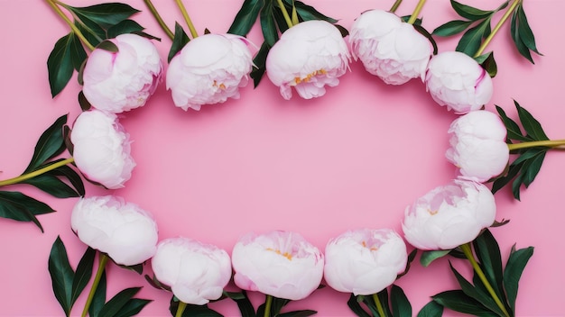 Frame made of beautiful peony flowers on pink background