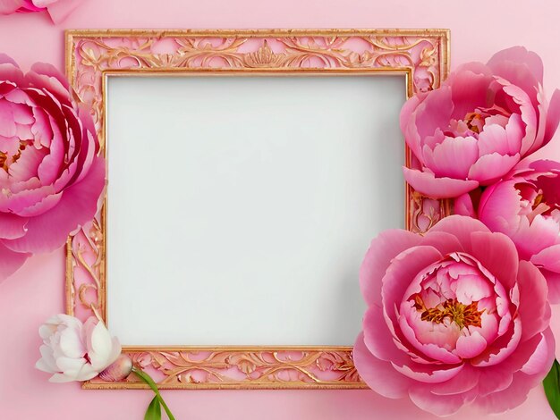 Frame made of beautiful peony flowers on pink background