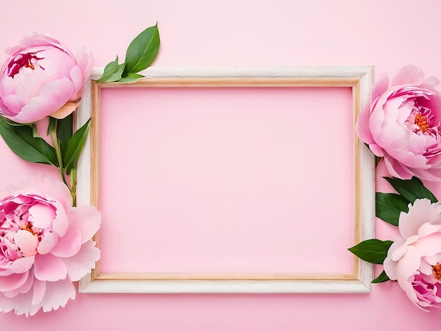 Frame made of beautiful peony flowers on pink background