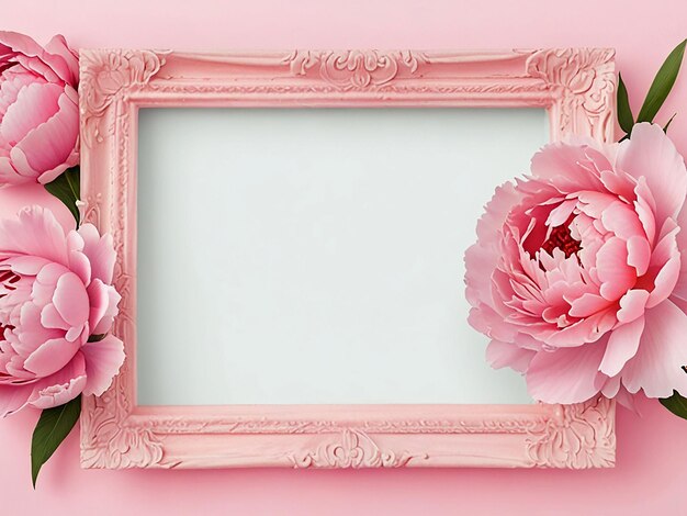 Frame made of beautiful peony flowers on pink background