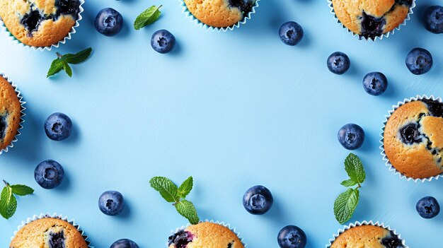 Frame made of delicious blueberry muffins decorated with fresh mint with copy space in the middle