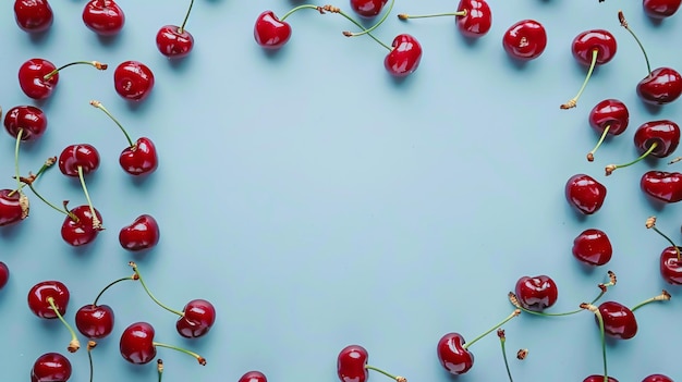 Frame made of delicious cherries on blue colored background with copy space in the center