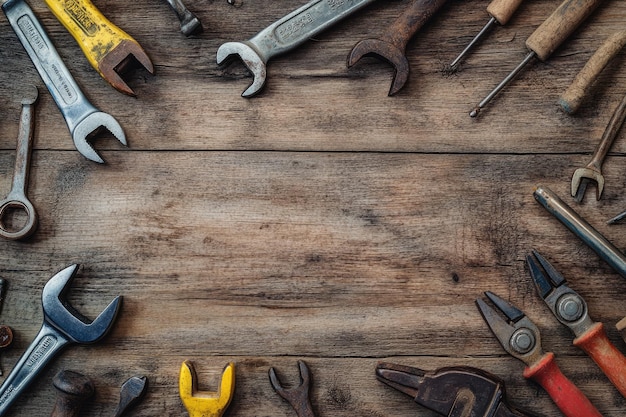 Frame made of different tools on wooden background