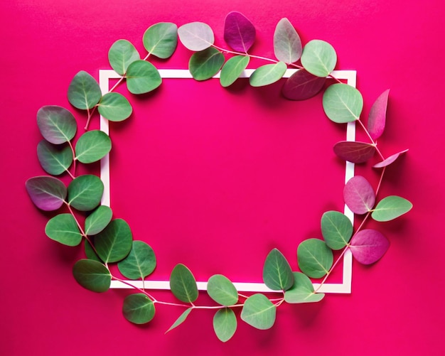 Frame made of eucalyptus leaves on green background Vertical banner mockup for social media stories