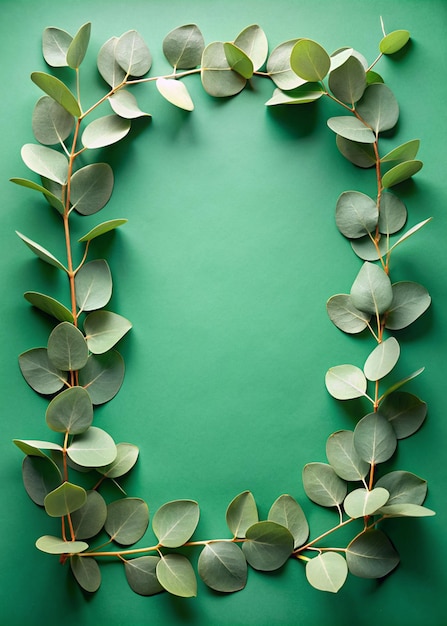 Frame made of eucalyptus leaves on green background Vertical banner mockup for social media stories