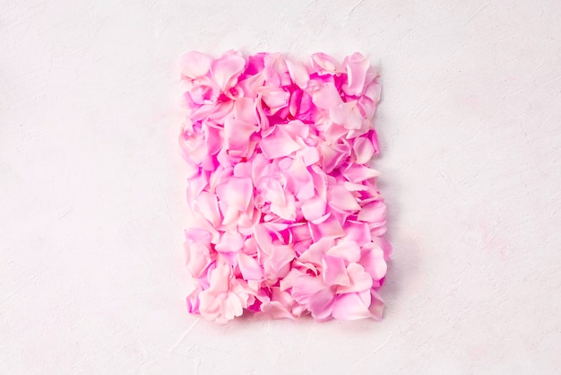 A frame made of pink rose petals on a light background copy space A postcard