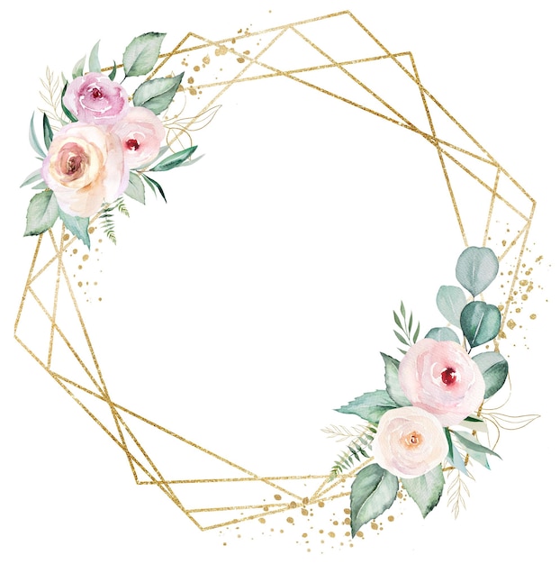 Frame made of pink watercolor flowers and light green leaves wedding and greeting illustration