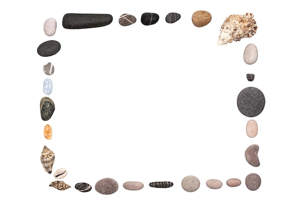 A frame made of seashells and stones, isolated on a white background.