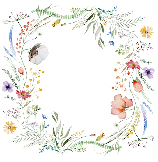 Frame made of watercolor wildflowers and leaves wedding and greeting illustration