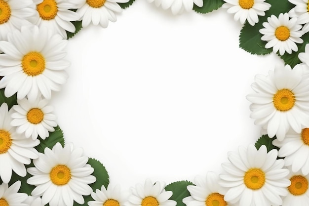 Frame made of white daisies and green leaves on white background copyspace