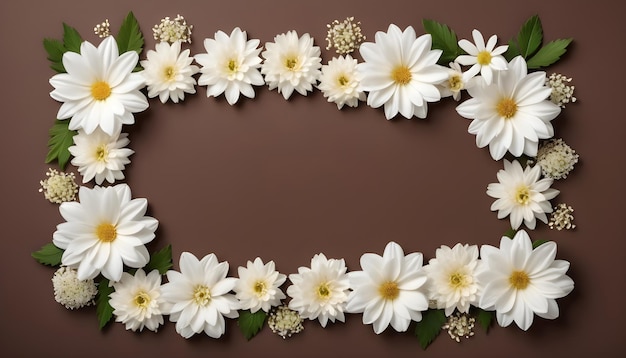 Frame made of white flowers on a brown background