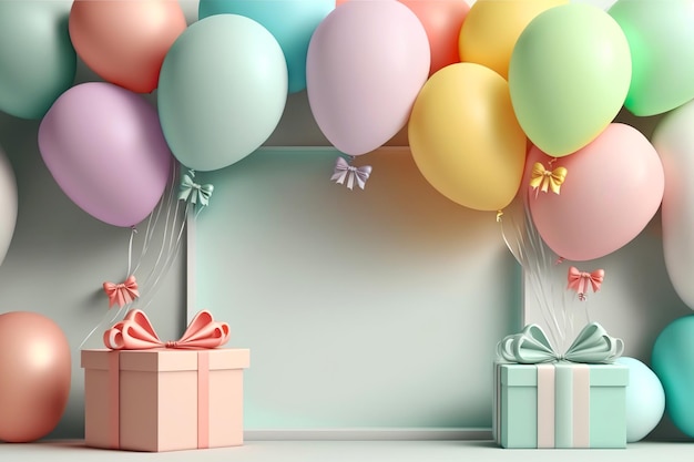 Frame Mockup Baby Birthday rainbow colorfull balloons gift box Generative AI