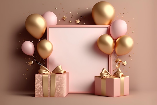 Frame Mockup Birthday pink gifts minimal gold balloons in pink background Generative AI