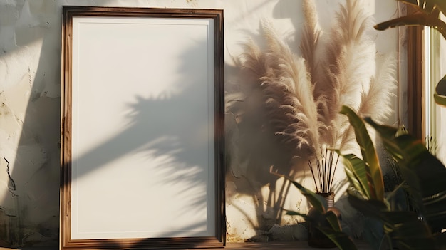 Photo frame mockup in a bohemian style with pampas