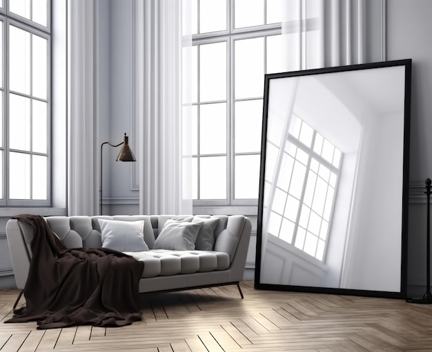 Frame mockup displayed in a classic white interior adorned with modern furniture