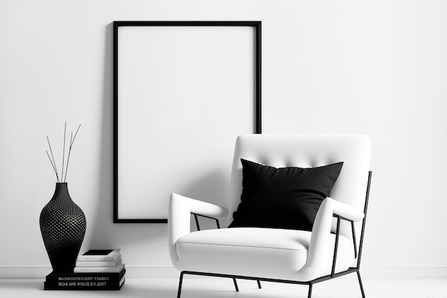 Frame mockup in an elegant black and white interior with armchair Generative AI illustration