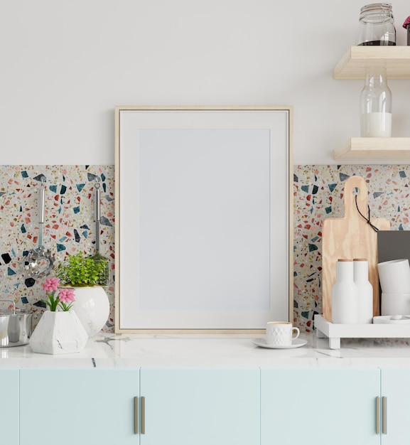 Frame mockup in kitchen interior on marble table in kitchen room