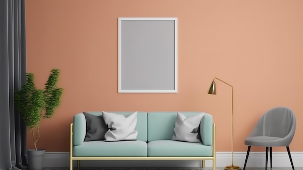 Frame mockup in living room interior background 3d render Bright color Generative Ai