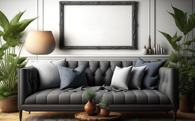 frame mockup in minimalist interior living room with leather sofa. ai generated