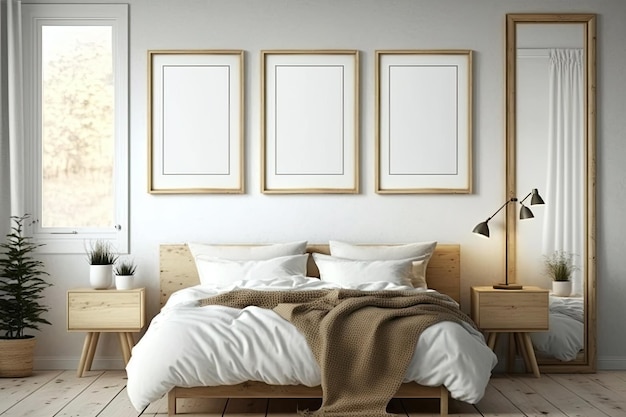 Frame mockup in modern bedroom with empty poster frame Ai generative