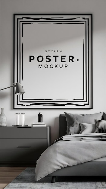 Photo frame mockup in modern bedroom with empty poster frame generative