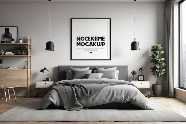 Photo frame mockup in modern bedroom with empty poster frame