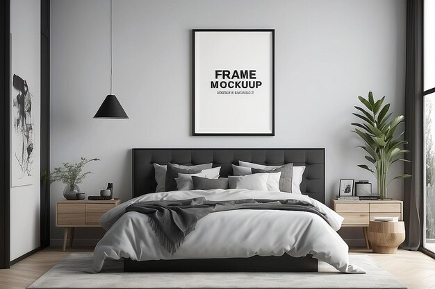 Photo frame mockup in modern bedroom with empty poster frame