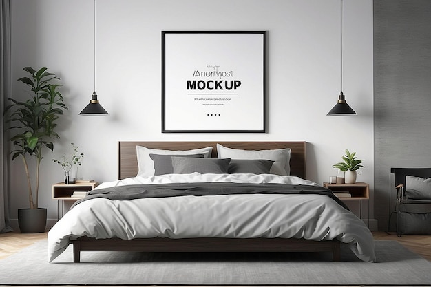 Photo frame mockup in modern bedroom with empty poster frame