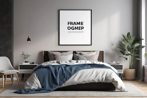 Photo frame mockup in modern bedroom with empty poster frame