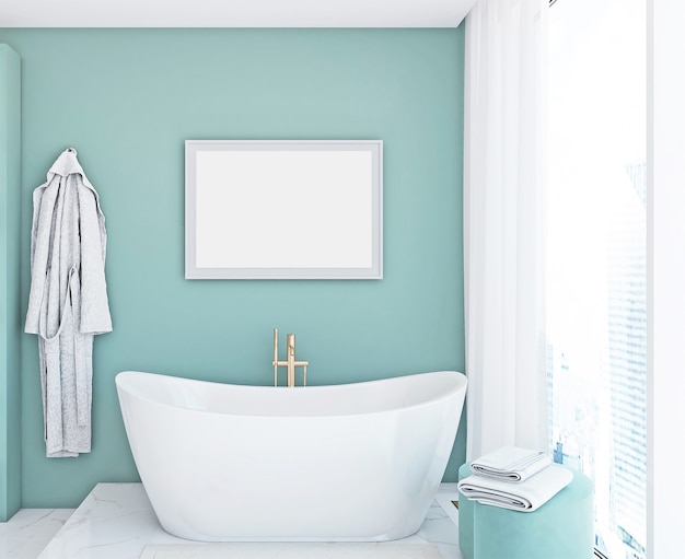 Frame mockup white horizontal in blue bathroom