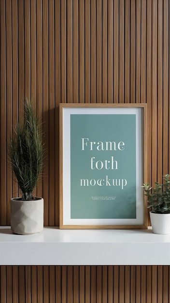 Frame mockup on white shelf with minimalist plant decoration