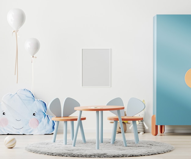 Frame in modern kids playroom in scandinavian style with table and toys