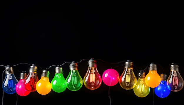 Photo frame of multicolored led bulbs on black background isolated with white highlights