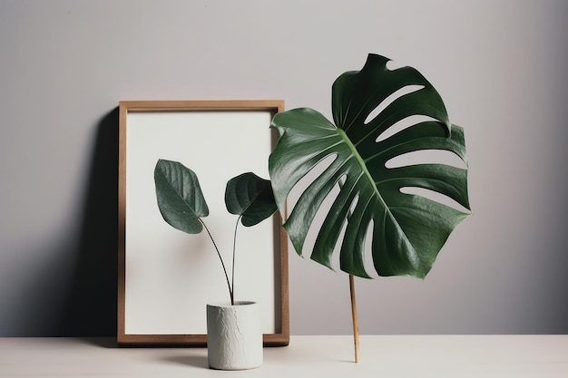 A frame next to a plant with a leaf on it