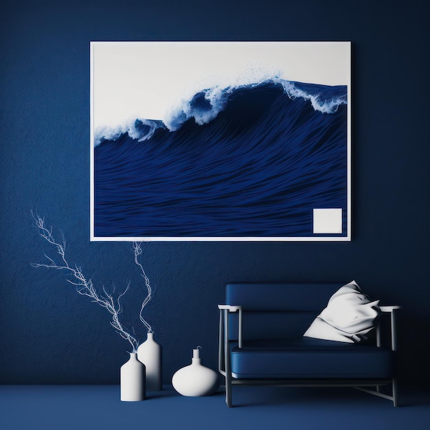 Frame poster mockup in home interior cobaltcolored ocean of rolling waves AI Generaion