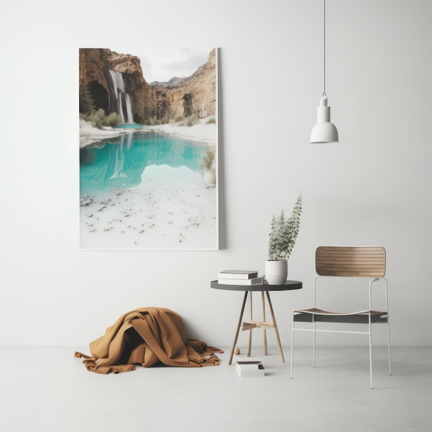 Frame poster mockup in home interior crystal clear lake and a waterfall of dreams AI Generaion