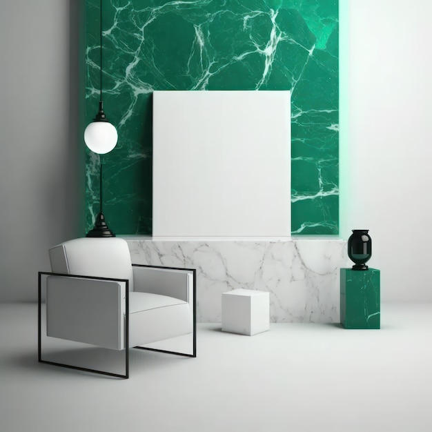 Frame poster mockup in home interior emerald lights and marble cubes AI Generaion