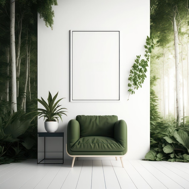 Frame poster mockup in home interior forest of tall trees and lush greenery AI Generaion