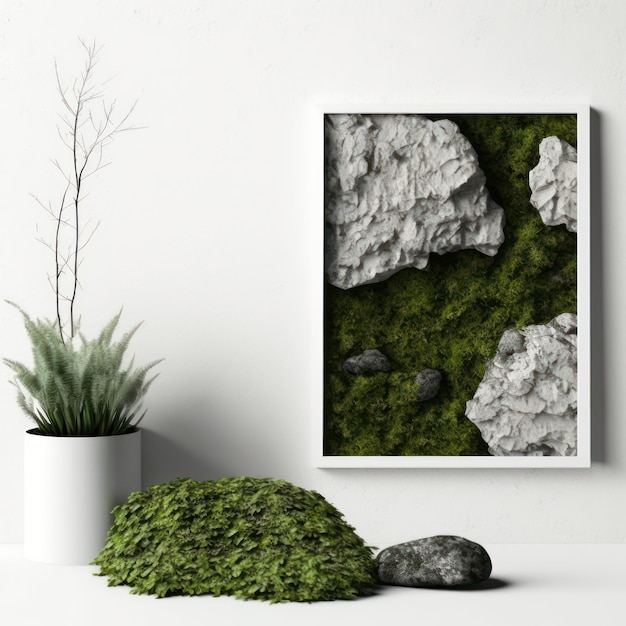 Frame poster mockup in home interior fuzzy moss and rocks AI Generaion