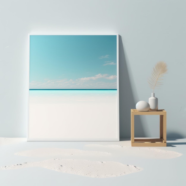 Frame poster mockup in home interior glassy sea and a sandy shore AI Generaion