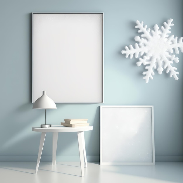 Frame poster mockup in home interior glittering snowflakes in a winter wonderland AI Generaion