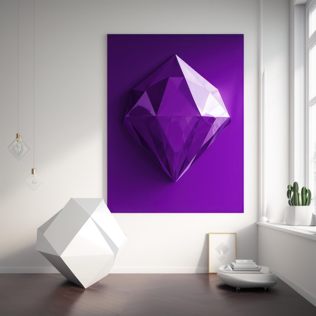 Frame poster mockup in home interior huge diamondshaped amethyst with a vibrant hue AI Generaion