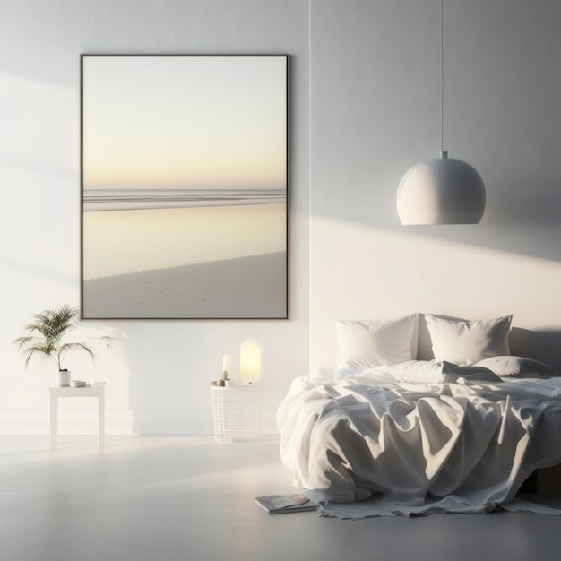 Frame poster mockup in home interior peaceful beach at sunrise with calming waves AI Generaion