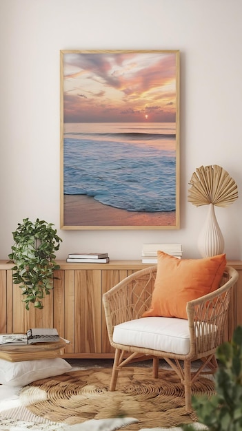 Frame poster mockup in home interior peaceful beach at sunset with calming waves generon