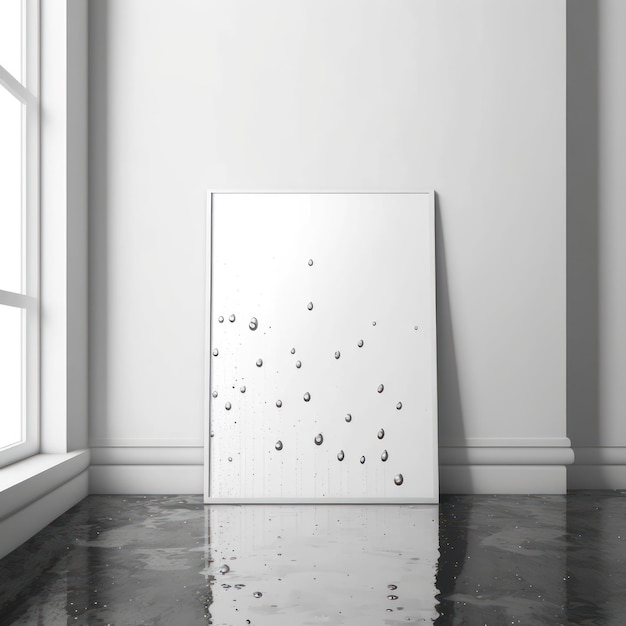 Frame poster mockup in home interior silver raindrops on a marble floor AI Generaion