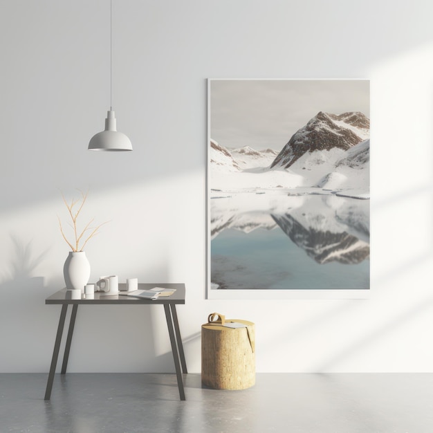 Frame poster mockup in home interior snowcovered mountain peak with a majestic view AI Generaion