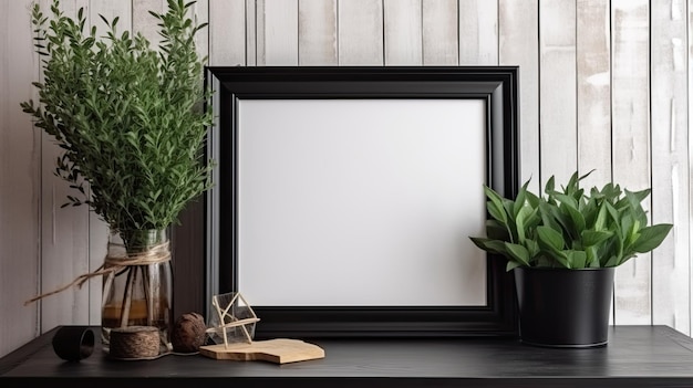 A frame on a shelf with a plant on it