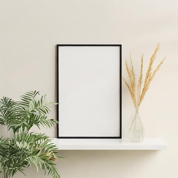 A frame sits on the shelf next to a plant